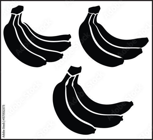 Banana Bunch Silhouette Icons Set - Vector Collection of Black Tropical Fruit Cluster Illustrations