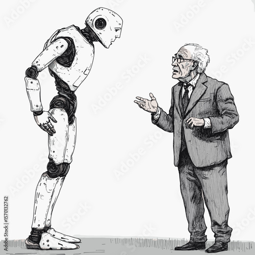 Senior man figure discussing AI with a humanoid robot