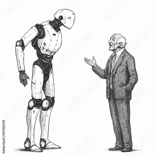 Senior man figure discussing AI with a humanoid robot