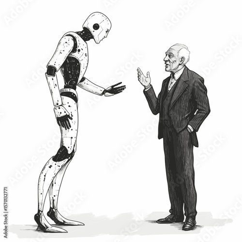 Senior man figure discussing AI with a humanoid robot