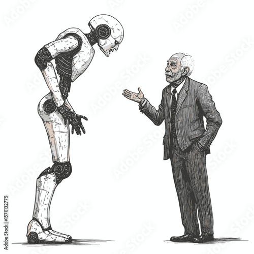 Senior man figure discussing AI with a humanoid robot