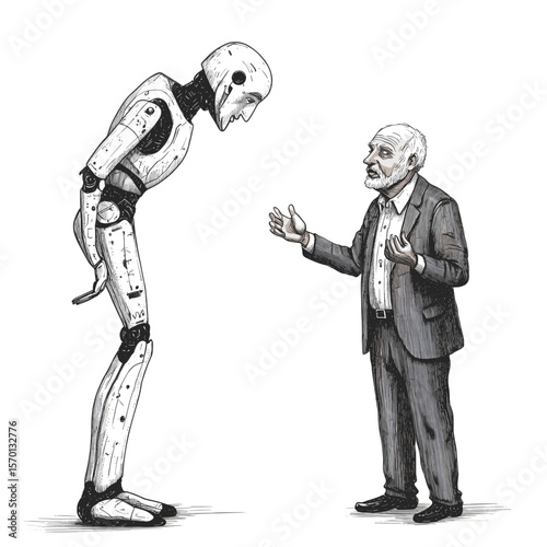 Senior man figure discussing AI with a humanoid robot