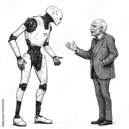 Senior man figure discussing AI with a humanoid robot