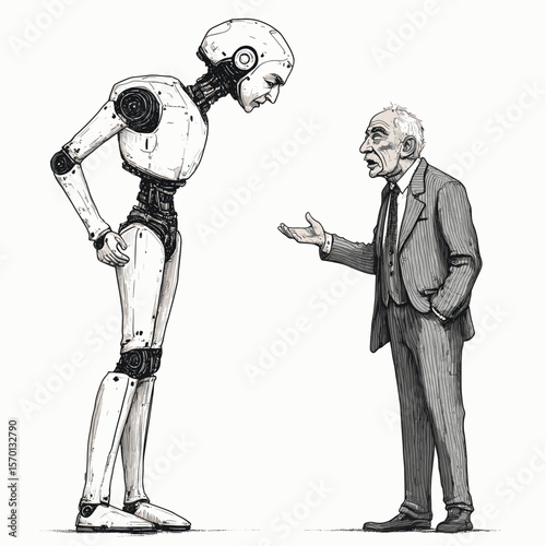 Senior man figure discussing AI with a humanoid robot