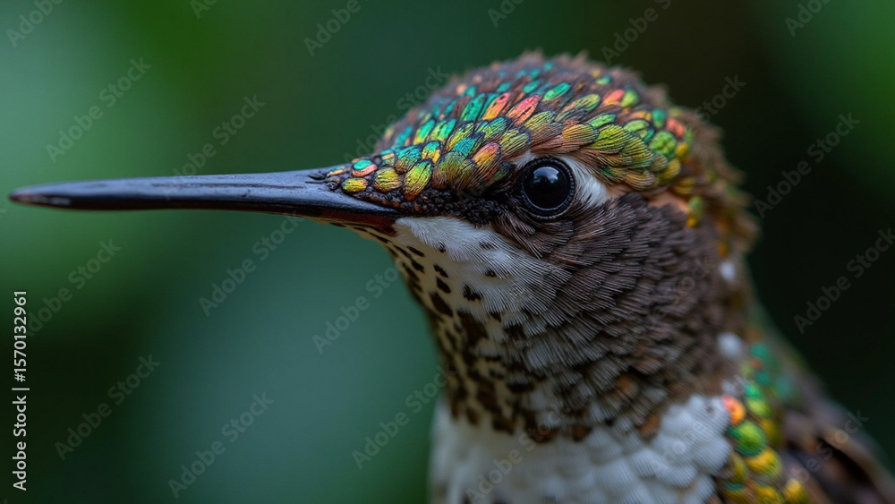 Obraz premium Striking portrait of a colorful hummingbird with iridescent feathers showing off its vibrant plumage in a beautiful macro shot against a blurred natural green background.
