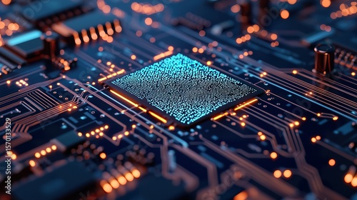Macro shot of binary code flowing across a circuit board with moving LED lights