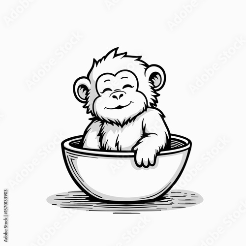 Cute monkey relaxing in a bowl with a happy expression  