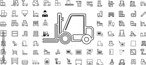 Modern Line Art Illustration Forklift Truck Icon Set, Warehouse Logistics, Industrial Efficiency.