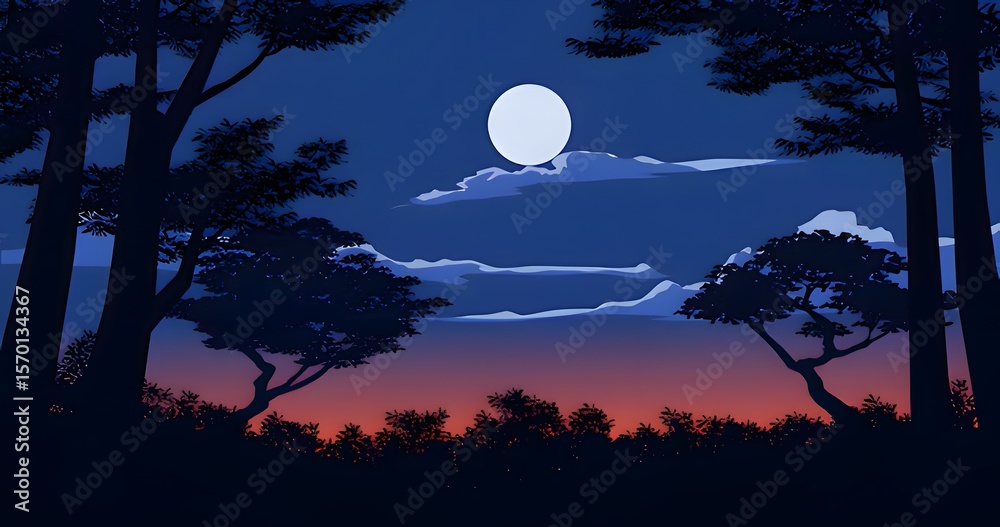 Fototapeta premium Moonlit Night Landscape with Trees and Silhouettes