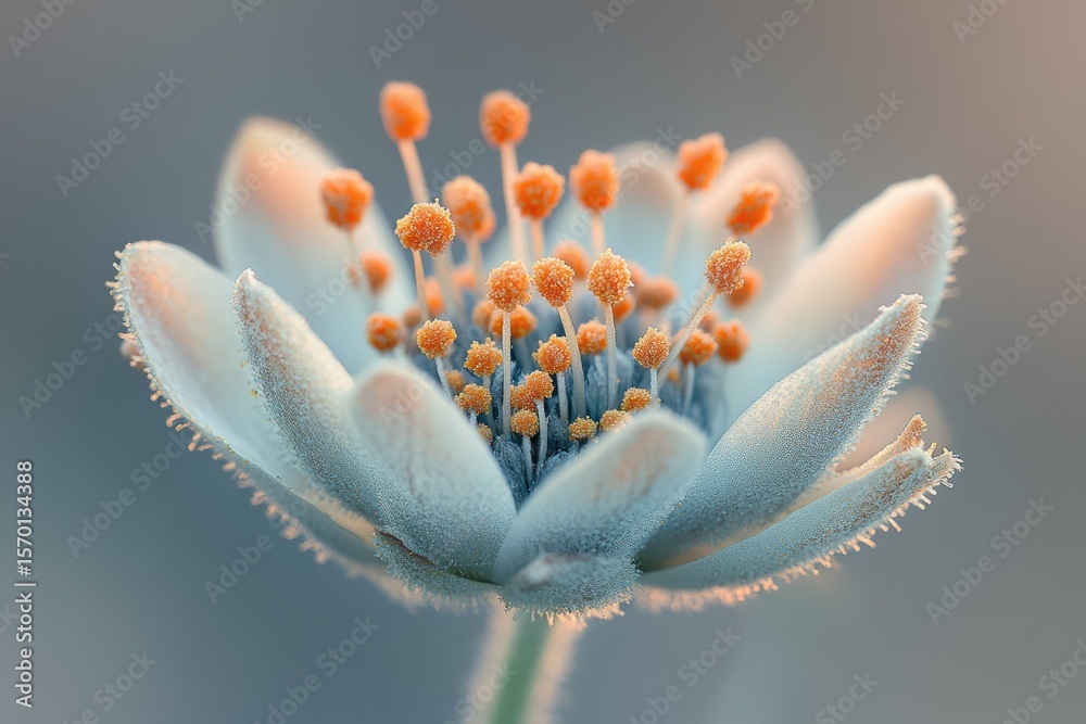 Fototapeta premium A delicate, frosty flower with vibrant orange centers, showcasing nature's intricate beauty.