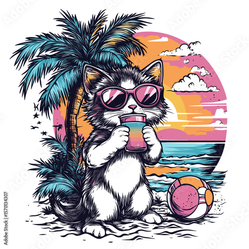 Cute cat relaxing on a tropical beach with a drink