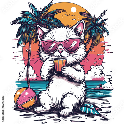 Cute cat relaxing on a tropical beach with a drink
