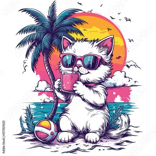 Cute cat relaxing on a tropical beach with a drink