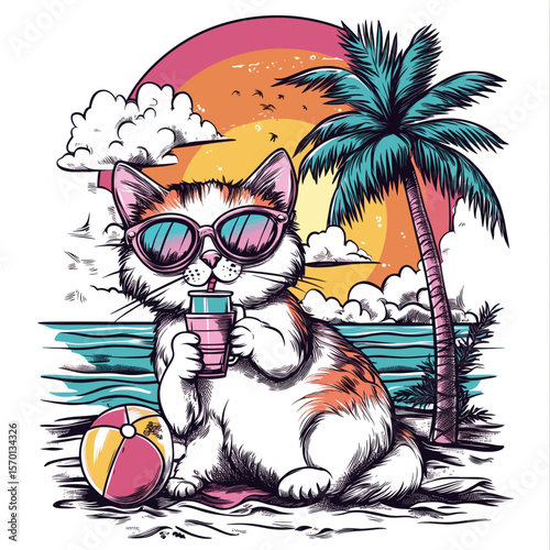 Cute cat relaxing on a tropical beach with a drink