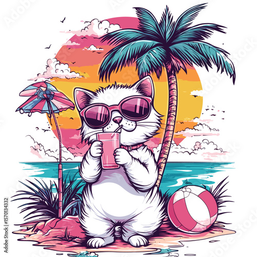 Cute cat relaxing on a tropical beach with a drink