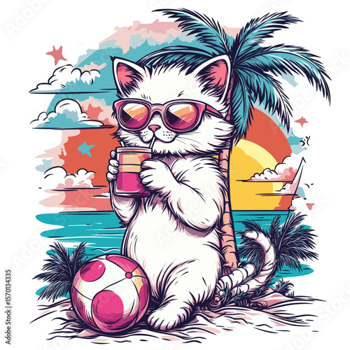 Cute cat relaxing on a tropical beach with a drink