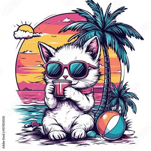 Cute cat relaxing on a tropical beach with a drink