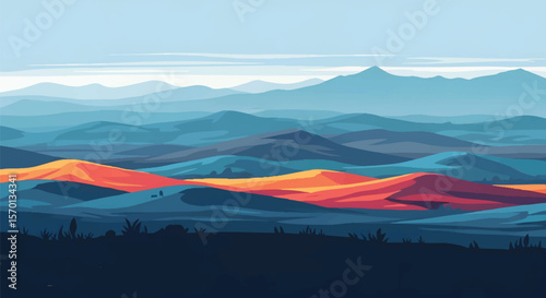 Sunset over layered mountains and dunes Illustrator Artwork
