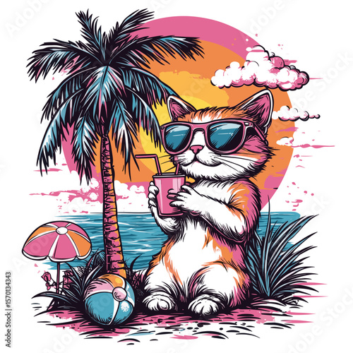 Cute cat relaxing on a tropical beach with a drink