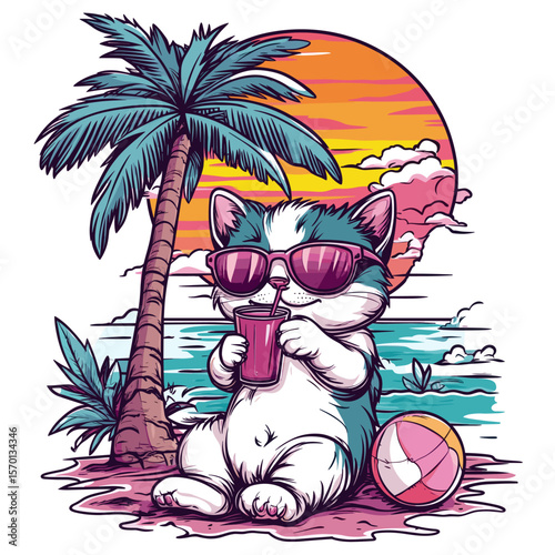 Cute cat relaxing on a tropical beach with a drink