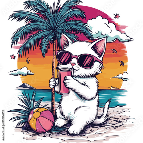 Cute cat relaxing on a tropical beach with a drink