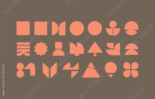A collection of abstract geometric shapes in coral orange arranged in a grid pattern against a muted brown background creating a modern and minimalist design