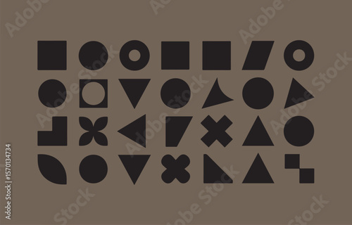 A collection of various black geometric shapes including circles squares triangles and abstract forms arranged in a grid pattern on a muted brown background