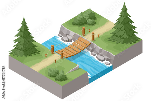 Isometric wooden bridge over a small stream in the park or forest. Hiking tourism. Summer vacation