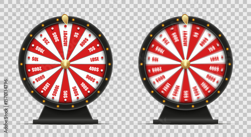 Realistic spinning prize wheel vector set with jackpot and cash prizes on transparent background