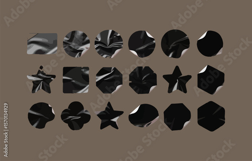 Collection of diverse geometric shapes including circles squares stars and octagons with a marbled black and grey texture and peeling sticker effect on a muted brown background