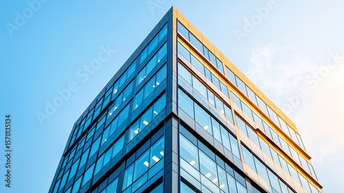Modern office building exterior, glass facade, city skyline, corporate architecture
