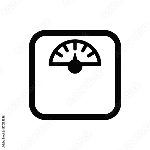 Simple black and white icon of a weight scale with a dial and needle