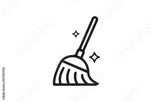 Simple Line Art Illustration of a Broomstick for Cleaning.A clean-line, black and white graphic of a broom, angled to the right, conveys a simple and effective image of cleaning.