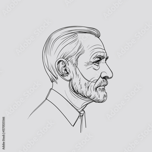 Elderly man illustrated in profile with beard and light grey background  