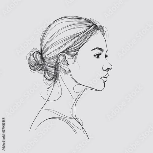 Profile portrait of young woman with bun hairstyle in sketch style  