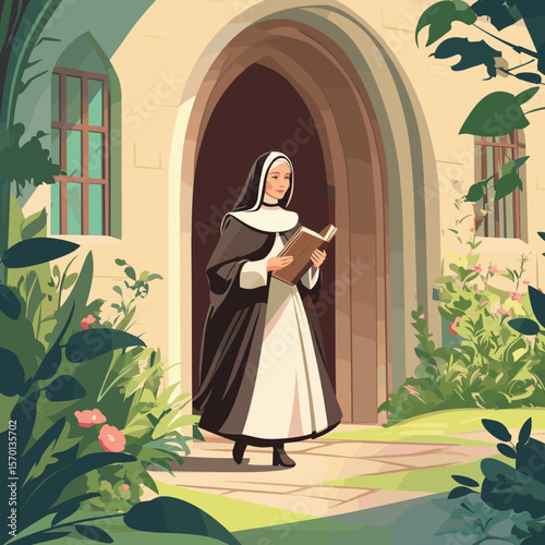 Nun Walking Outside with Book