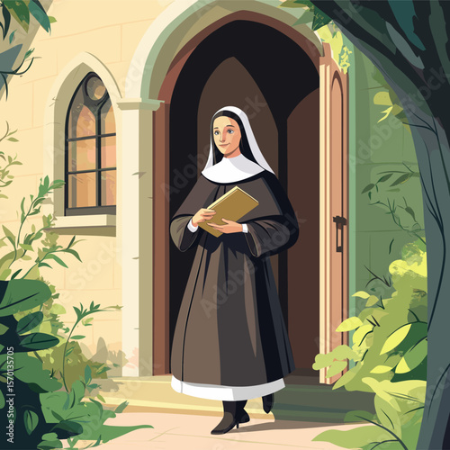 Nun Walking Outside with Book