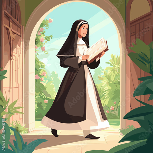Nun Walking Outside with Book
