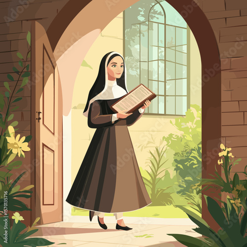 Nun Walking Outside with Book