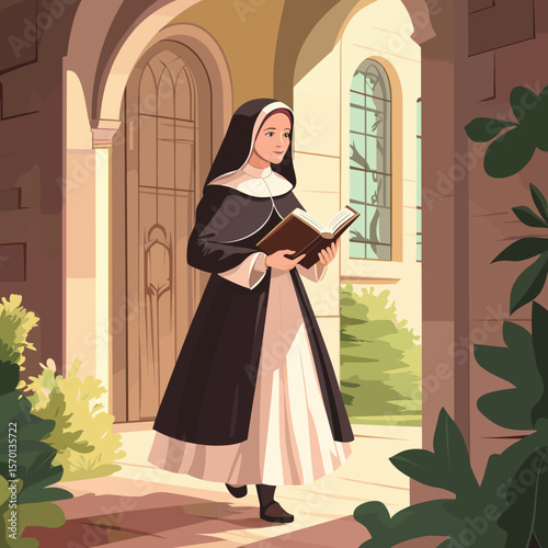 Nun Walking Outside with Book