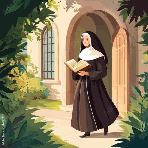 Nun Walking Outside with Book