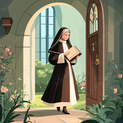 Nun Walking Outside with Book