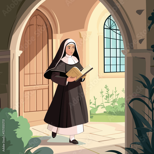 Nun Walking Outside with Book