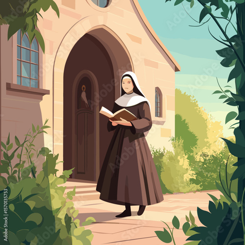 Nun Walking Outside with Book