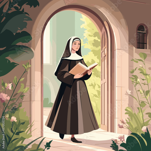 Nun Walking Outside with Book