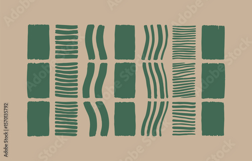 Abstract geometric pattern with organic brushstroke textures in muted green and beige tones evoking a natural and artistic feel for modern design backgrounds