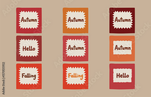 A collection of nine stylized autumn themed cards with the words autumn hello and falling in a playful font against a neutral background