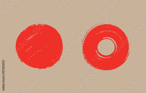 Two abstract red brush stroke circles one solid and one with a hollow center are placed on a neutral beige background