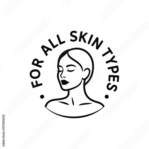Stylized black and white illustration of a woman s face with text for all skin types