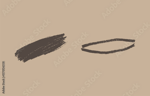 Two abstract brush stroke marks one a diagonal smear and the other a curved line rendered in a dark brown on a light beige background